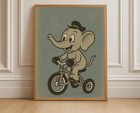 Vintage Elephant Riding Tricycle Midcentury Retro Nursery Poster