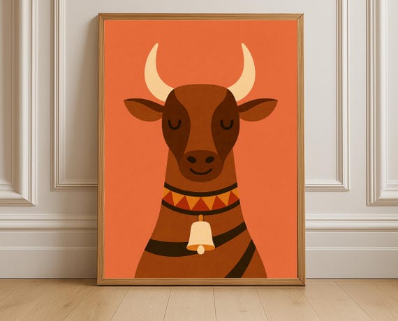 Rustic Farm Cow Wall Decor Country Style Nursery Print Warm Orange Pastel Farmhouse