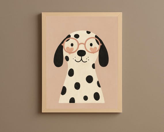 Dalmatian Dog Wall Art Glasses Puppy Nursery Decor Toddler Room Animal Poster Cute