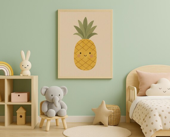 Smiling Pineapple Watercolor Tropical Fruit Sweet Nursery Poster