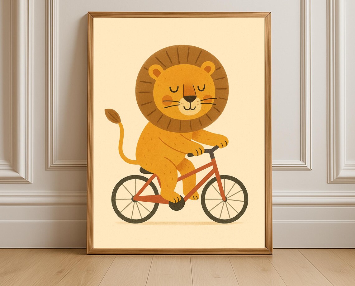 Adorable Lion Riding Bicycle Cartoon Kids Room Nursery Poster