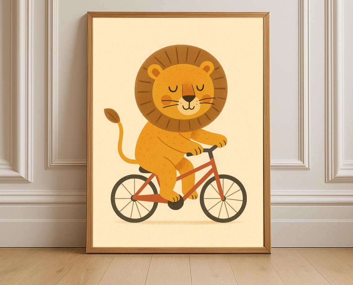 Biking Lion Nursery Print Playful Kids Room Decor