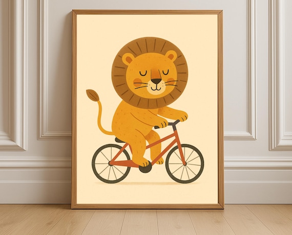 Adorable Lion Riding Bicycle Cartoon Kids Room Nursery Poster