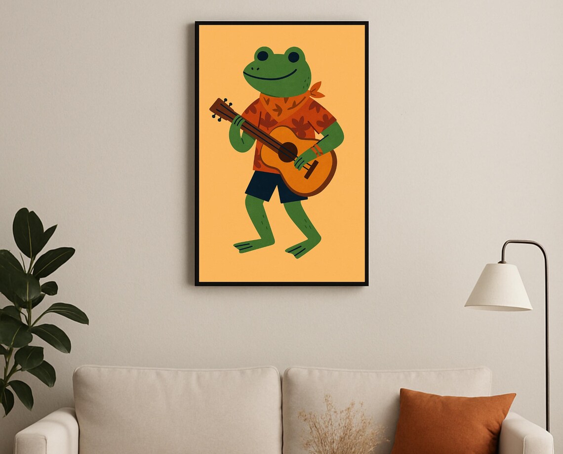 Happy Frog Playing Guitar Tropical Music Hobby Nursery Decor Poster