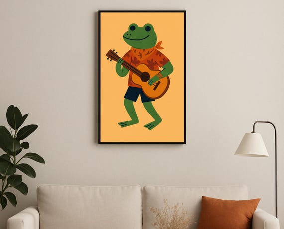 Guitar Playing Frog Wall Art Hobby Animal Series Tropical Kids Decor Print For Nursery Playroom Modern Room