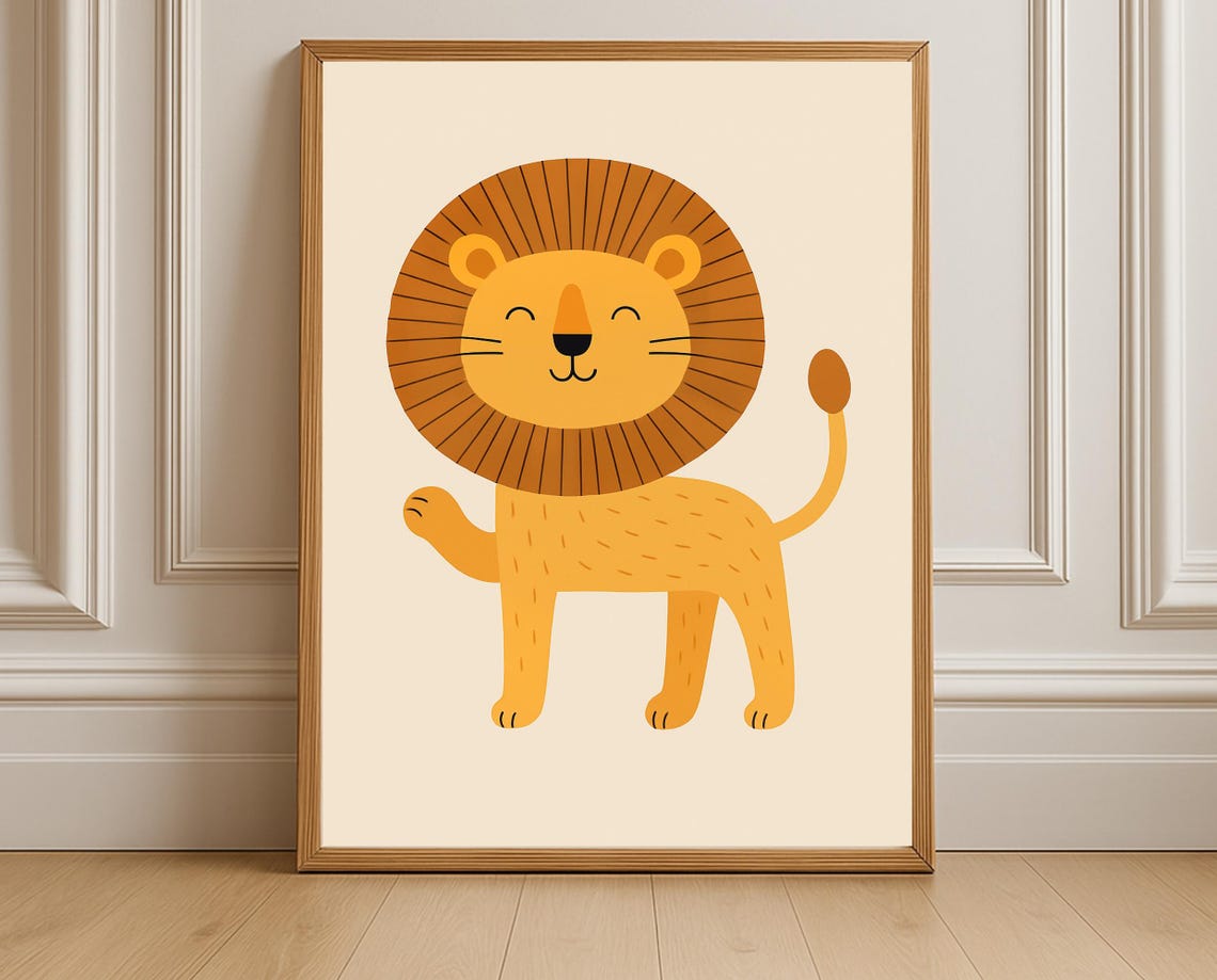 Smiling Lion Nursery Wall Art Cute Jungle Animal For Kids Room Decor