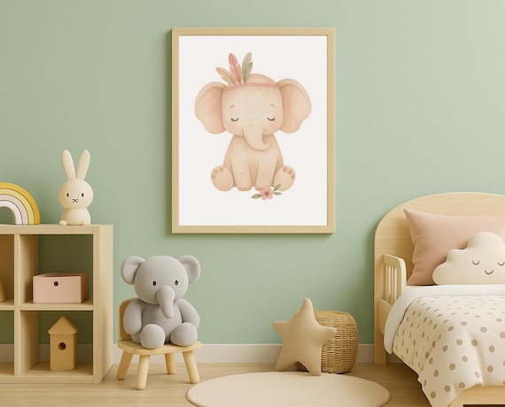 Baby Elephant Feather Headband Watercolor Pastel Nursery Poster