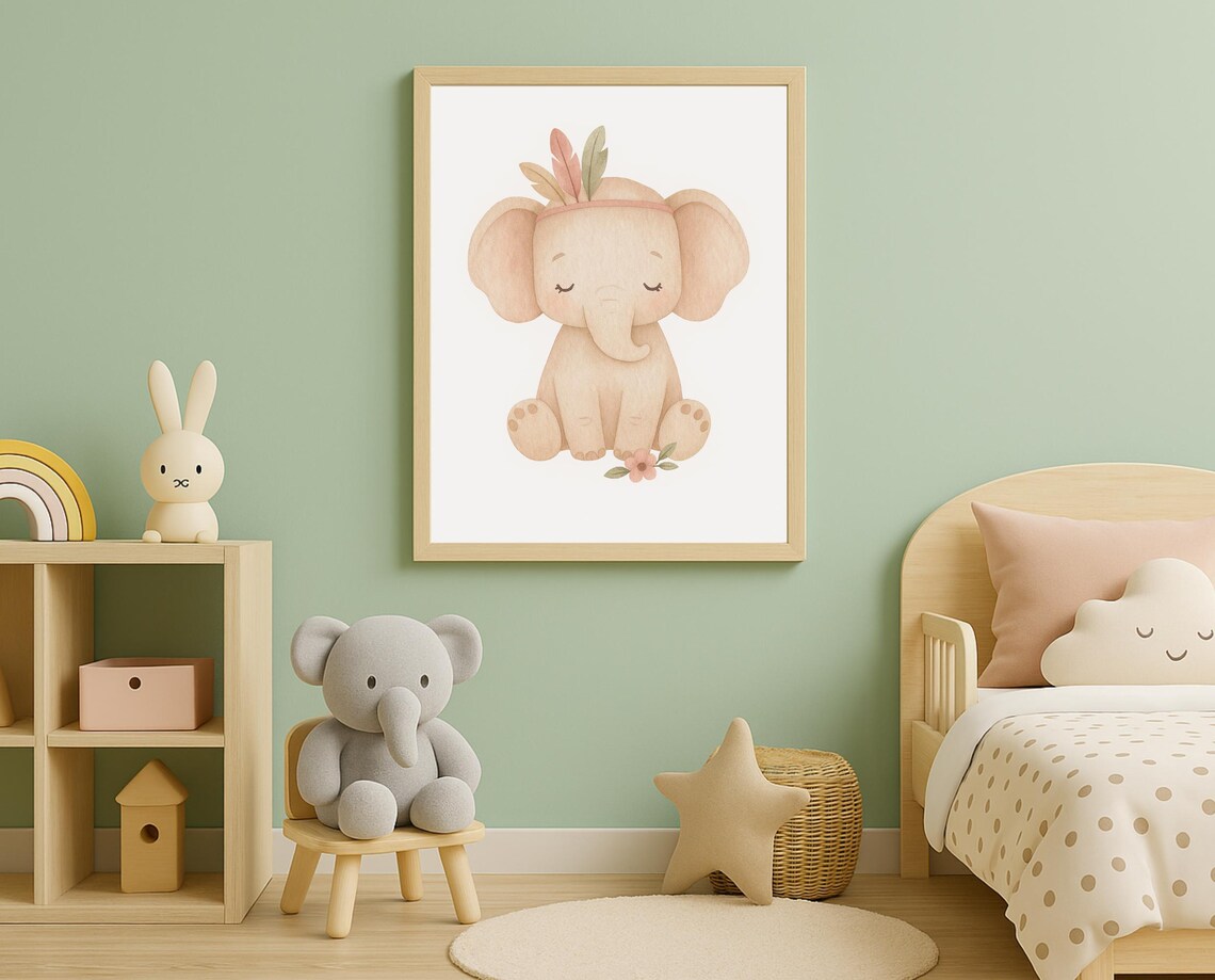 Baby Elephant Feather Headband Watercolor Pastel Nursery Poster