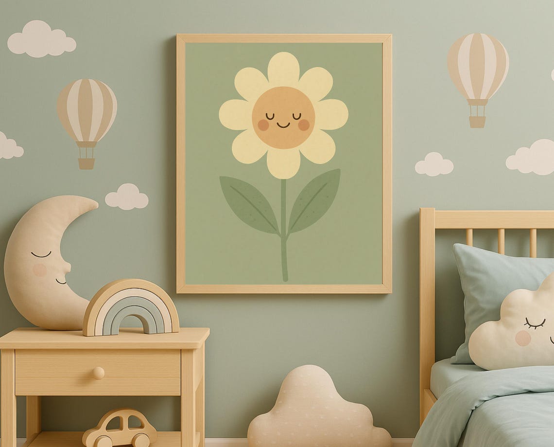 Smiling Flower Wall Art Pastel Floral Nursery Cute Botanical Kids Room Decor