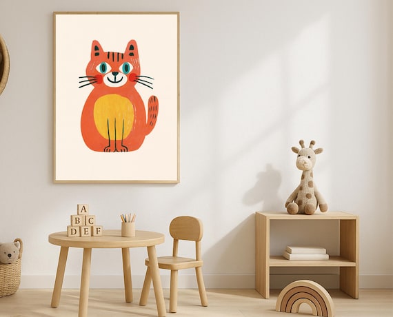 Cat Nursery Wall Art Cute Orange Kitty Kids Room Playroom Decor