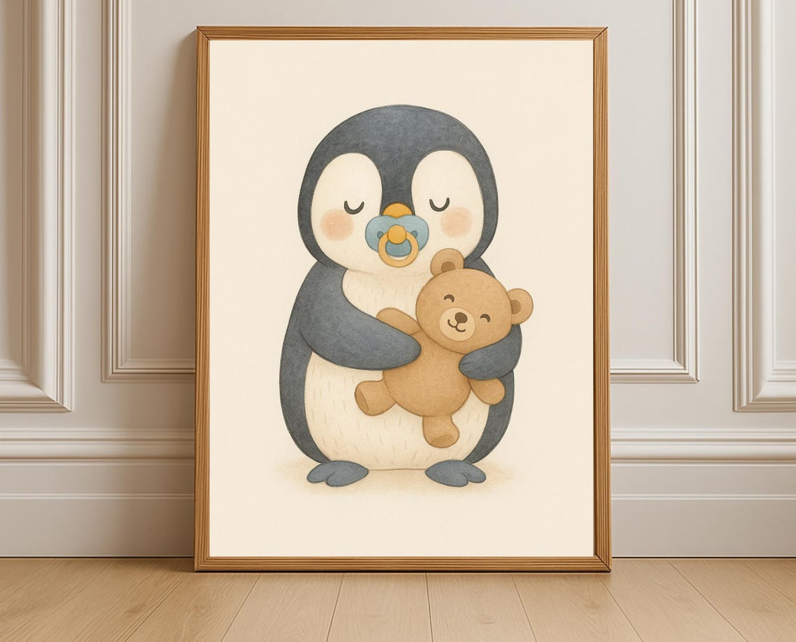 Baby Penguin Nursery Print Pacifier With Teddy Neutral Wall Art