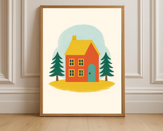 Colorful Cottage Wall Art Print With Trees For Nursery And Kids Room Decor House Poster Baby Shower Or Toddler Gift