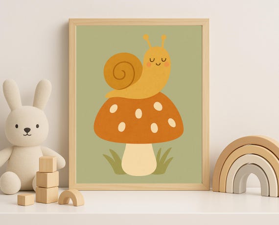 Happy Snail On Mushroom Whimsical Nursery Wall Art Forest Animal Decor