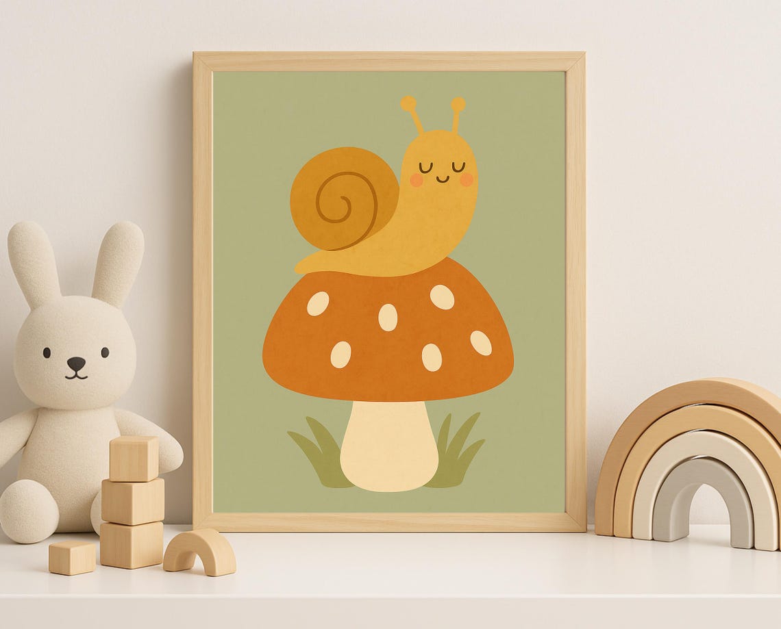 Happy Snail On Mushroom Whimsical Nursery Wall Art Forest Animal Decor