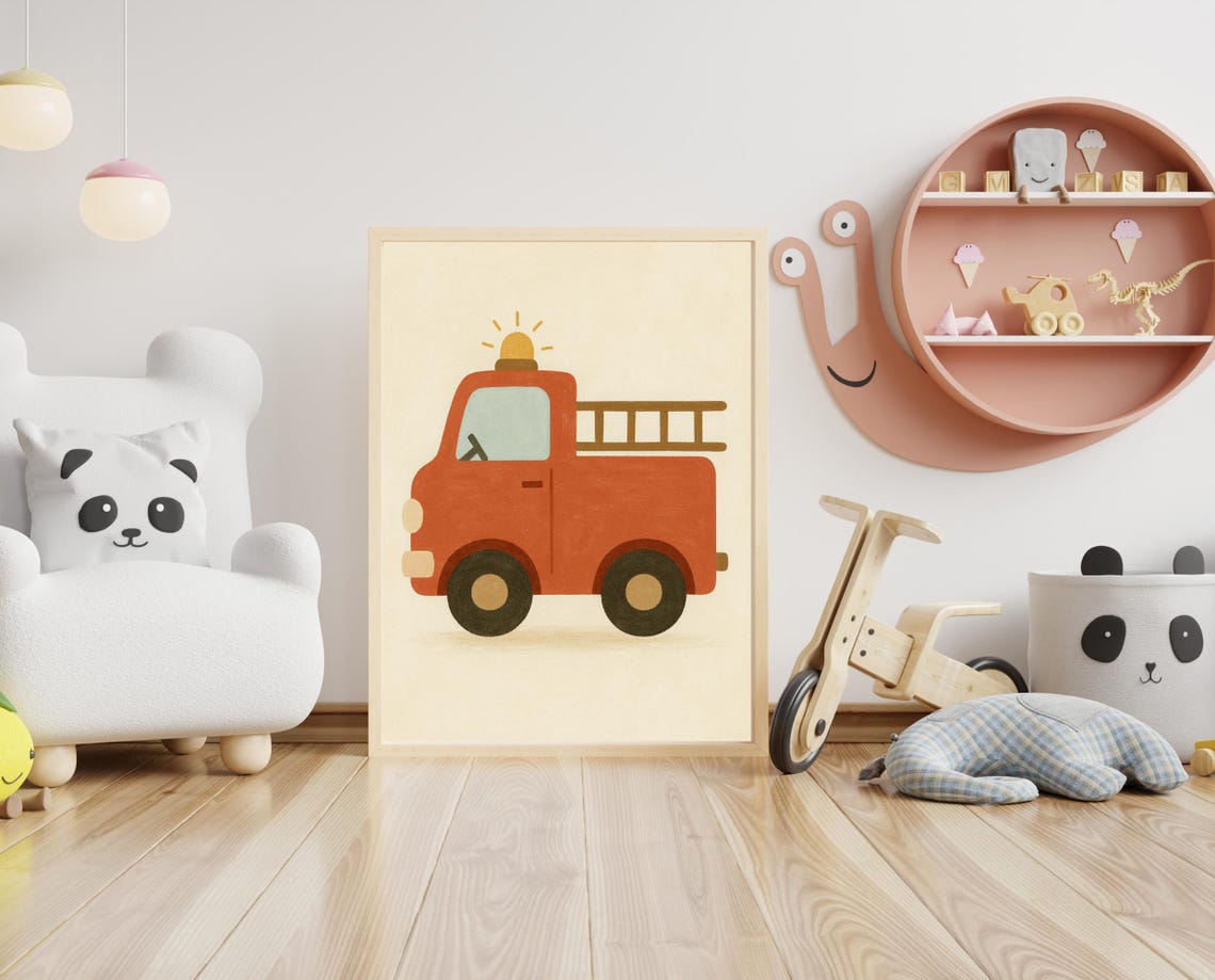 Red Fire Truck Ladder Rescue Vehicle Boys Room Nursery Toddler Poster