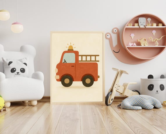 Fire Truck Nursery Wall Art Red Engine Poster Toddler Room Transport Decor Boys