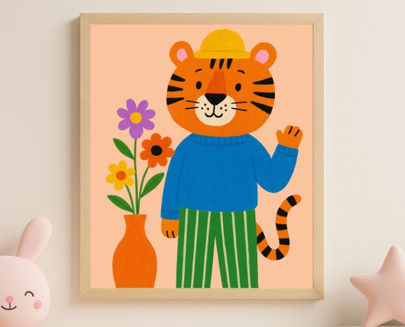 Tiger With Flowers Wall Art Colorful Animal Nursery Modern Safari Decor Playroom