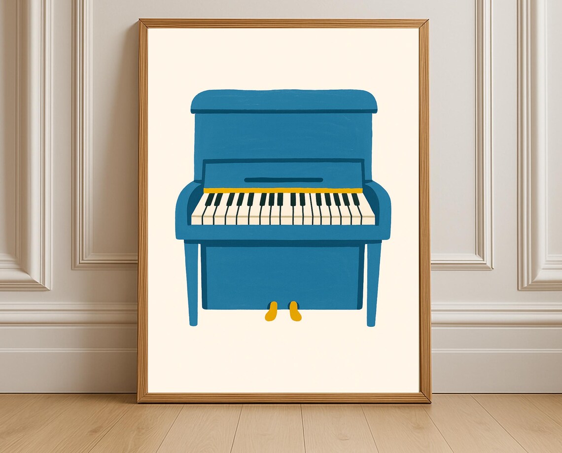 Blue Upright Piano Illustration Minimalist Music Room Wall Art For Nursery