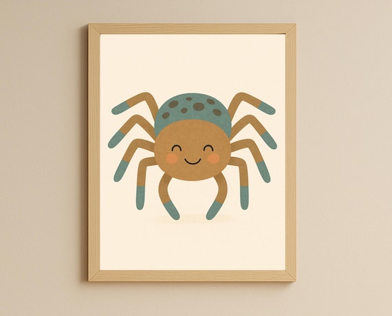 Smiling Friendly Spider Cute Bug Nursery Poster Teal and Brown