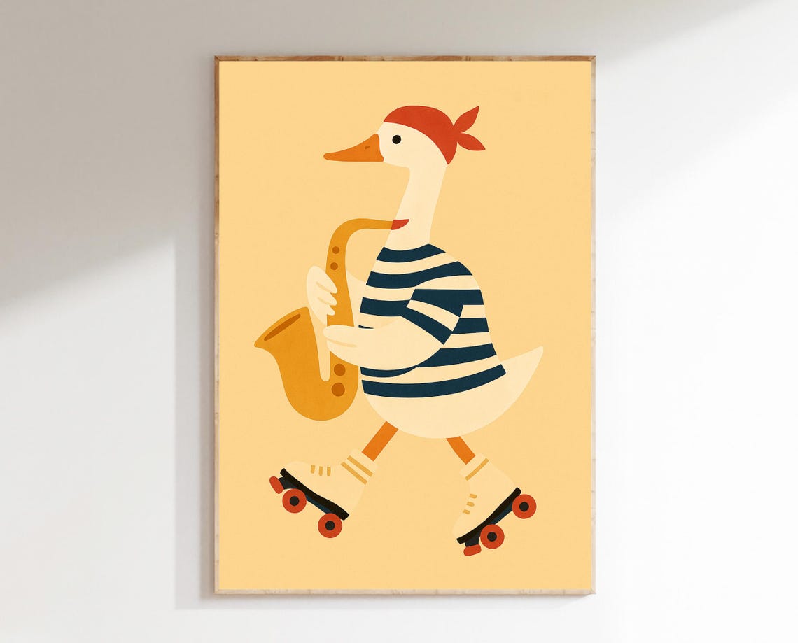 Roller Skating Duck Playing Saxophone Retro Hobby Wall Poster
