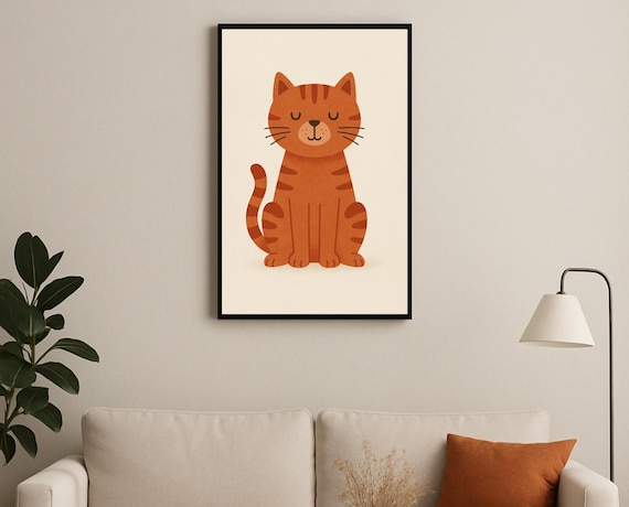 Sleepy Orange Tabby Cat Sitting Minimalist Nursery Poster Cute Art