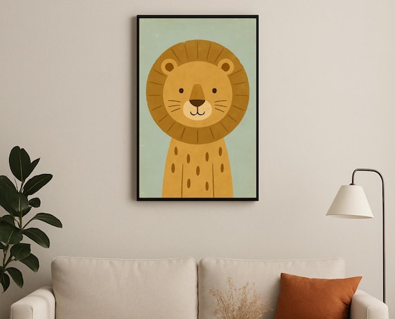 Smiling Lion with Round Golden Mane Sage Green Nursery Poster
