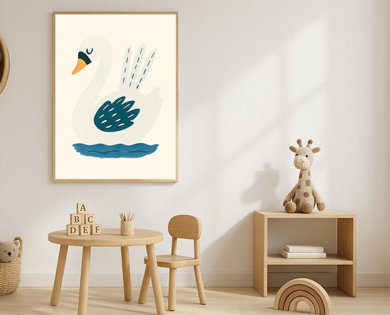 Elegant White Swan Poster Nursery Kids Room Lake Bird Wall Decor