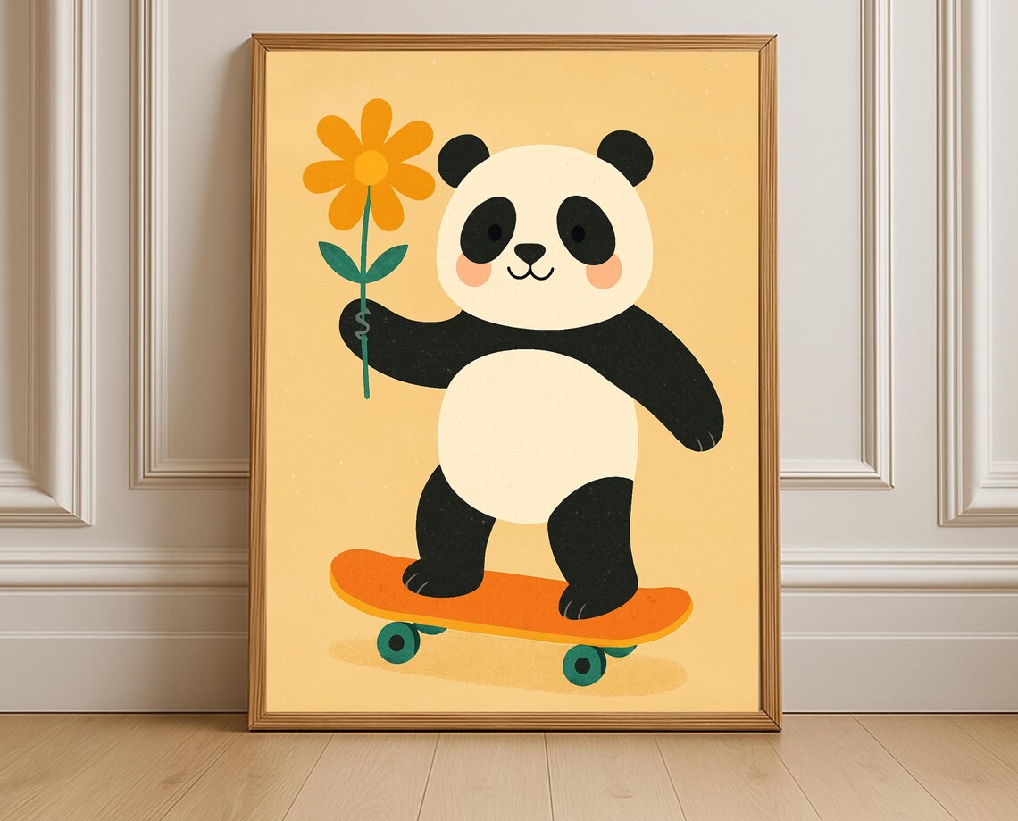 Cool Panda Skateboarding Holding Flower Hobby Nursery Decor Poster