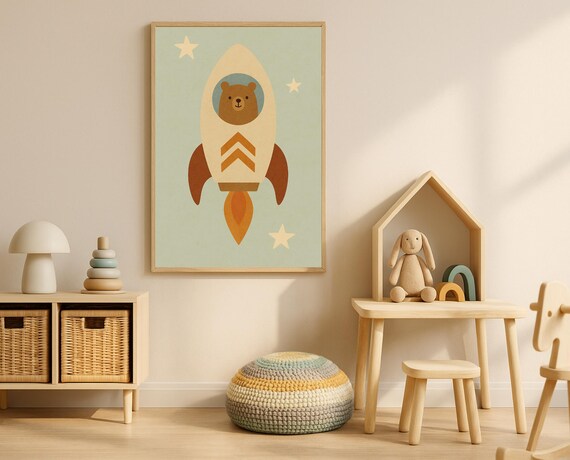 Bear Astronaut Riding Rocket Cute Space Poster for Kids Room Decor
