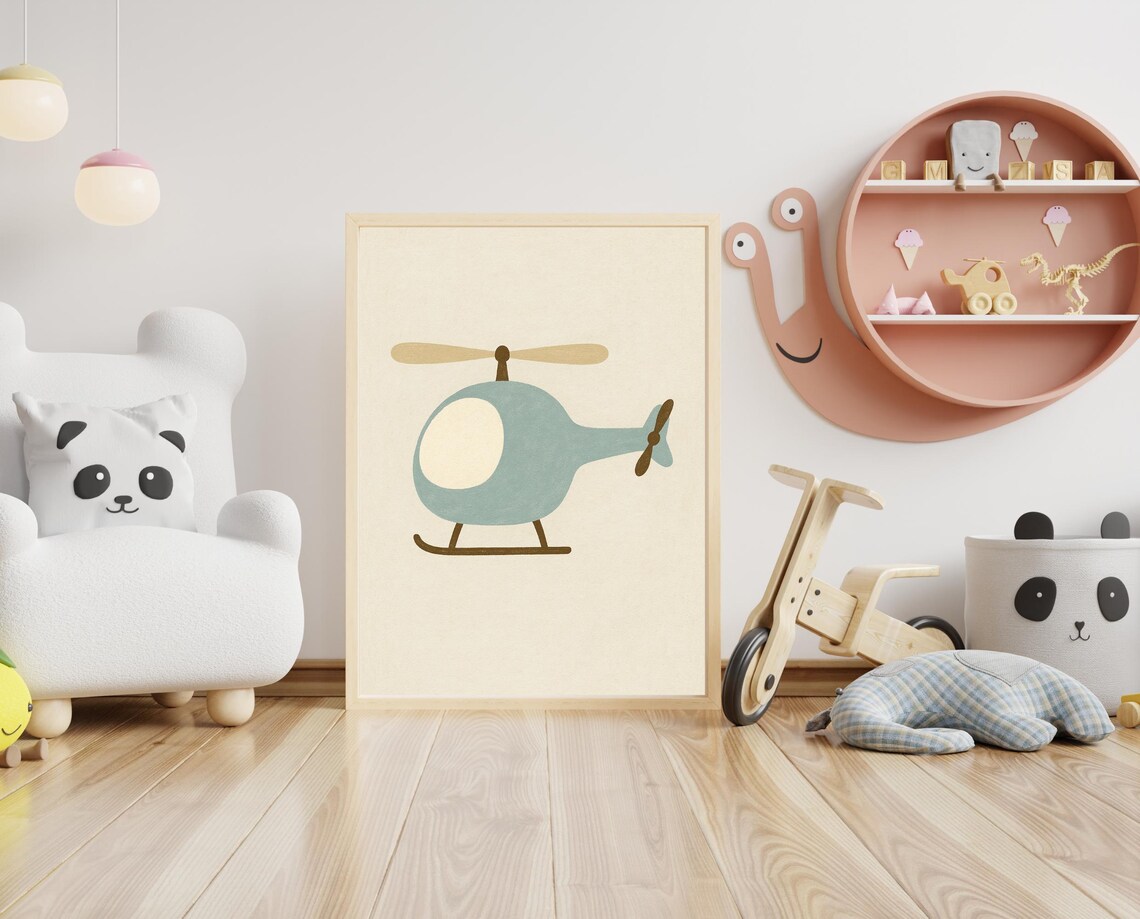 Blue Helicopter Minimal Transportation Boys Room Nursery Kids Decor Poster