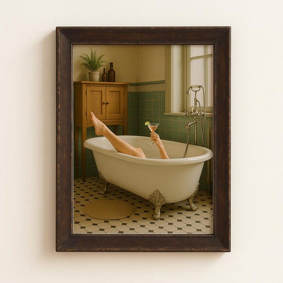Retro Bathroom Wall Art Print Trendy Minimalist Girly Painting Cute Green Decor Dorm Room Poster