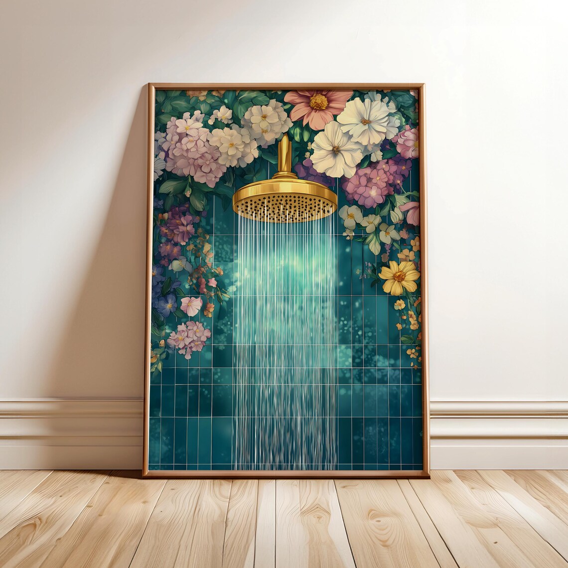 Gold Showerhead Teal Tiles Floral Bathroom Maximalist Art Print