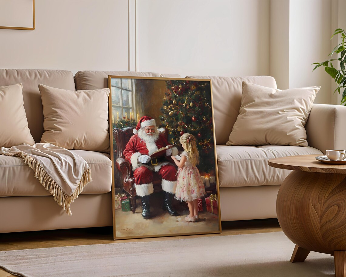 Classic Oil Painting Santa Reading To Little Girl Christmas Poster
