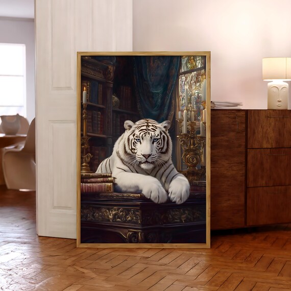 White Tiger In Library Poster Wall Art Maximalist Decor Trendy Print Vibrant Prints Optional Frame
