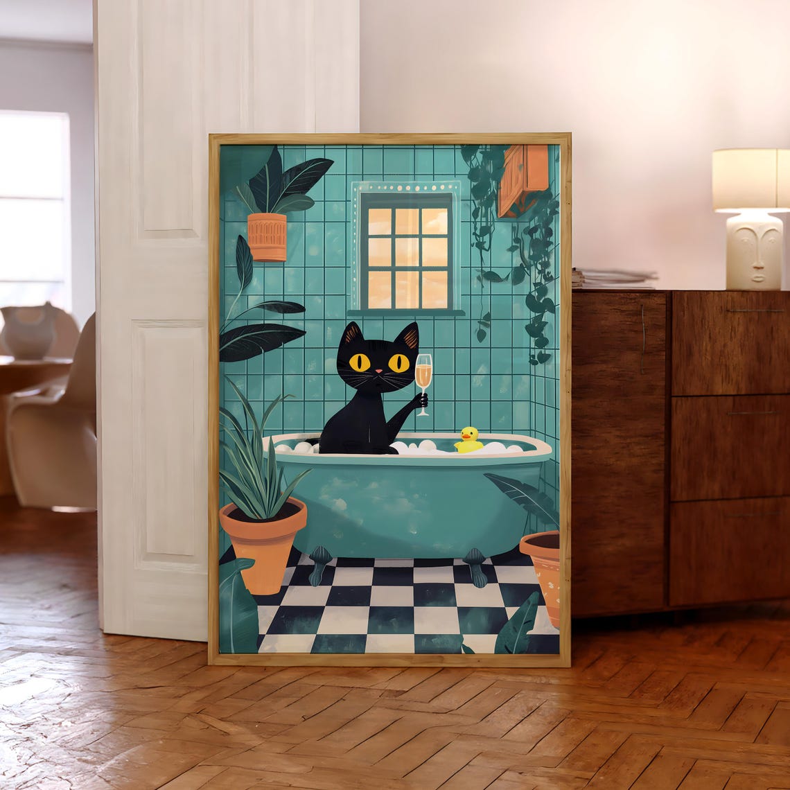 Cozy Black Cat Bubble Bath With Champagne And Rubber Duck Poster