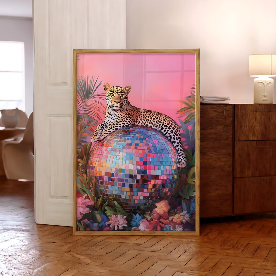 Leopard On Disco Ball Jungle Wall Art Print