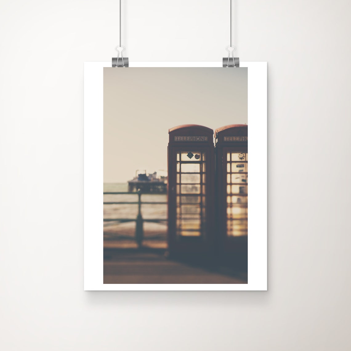 Red British Telephone Boxes Seaside Sunset Photograph England Poster