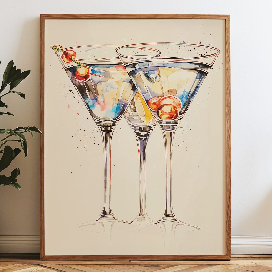 Martini Glasses Watercolor Painting Cocktail Bar Cart Chic Wall Art