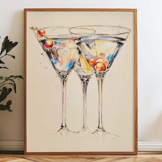 Martini Glasses Watercolor Painting Cocktail Bar Cart Chic Wall Art