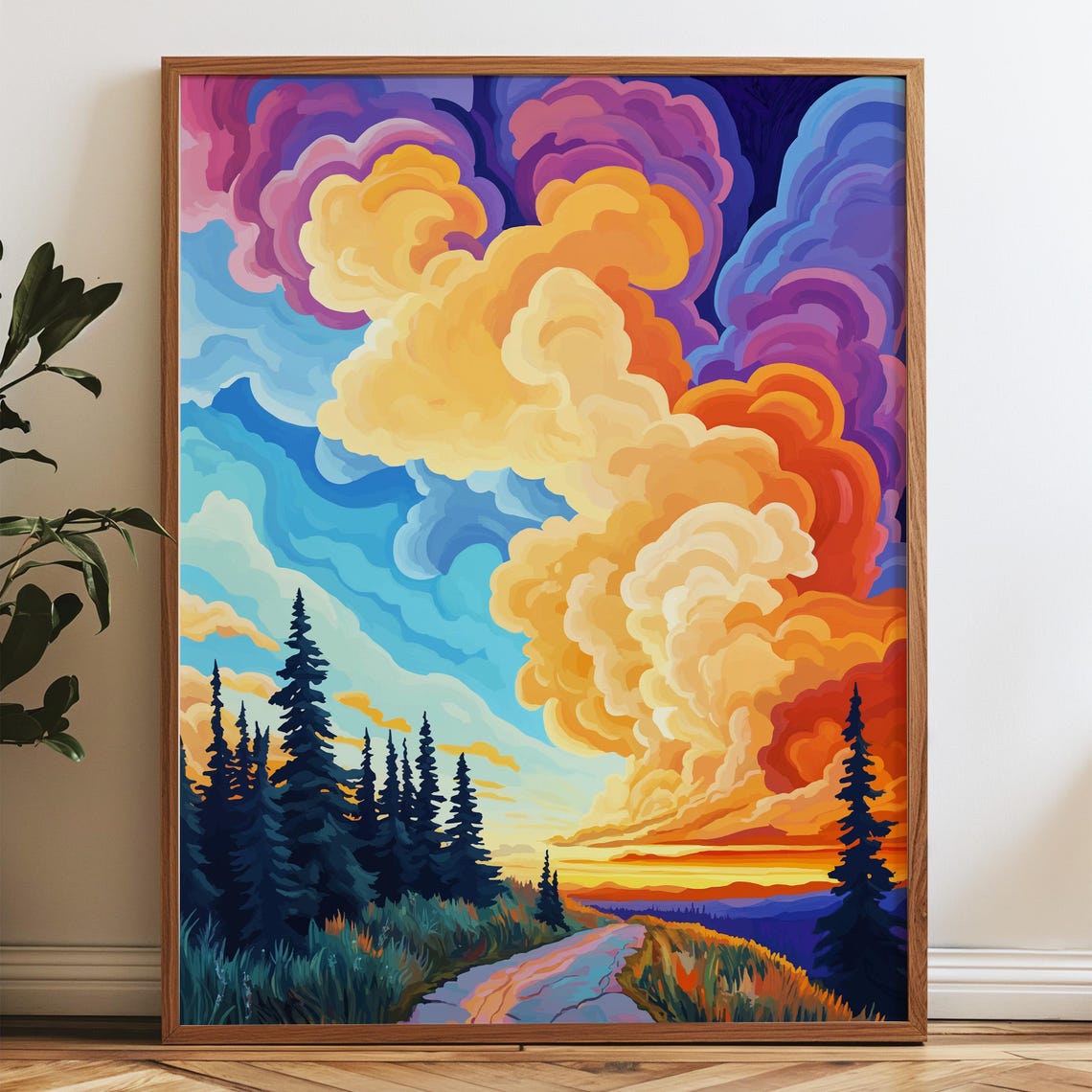 Colorful Sunset Clouds Over A Pine Forest Road Vibrant Nature Poster
