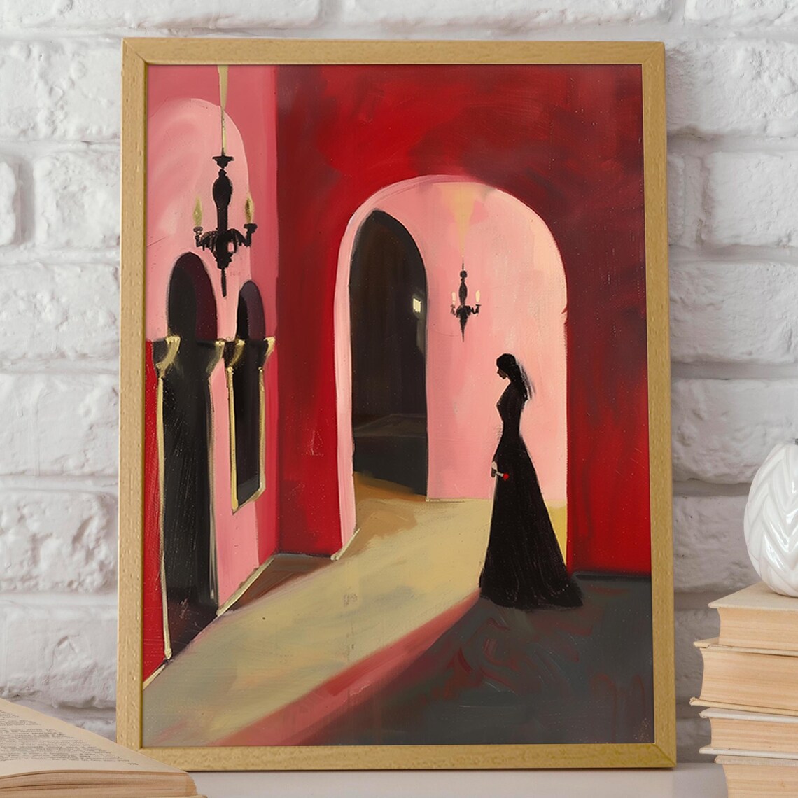 Woman in Black Gown Red Corridor Gothic Mansion Dark Art Poster - Image 2