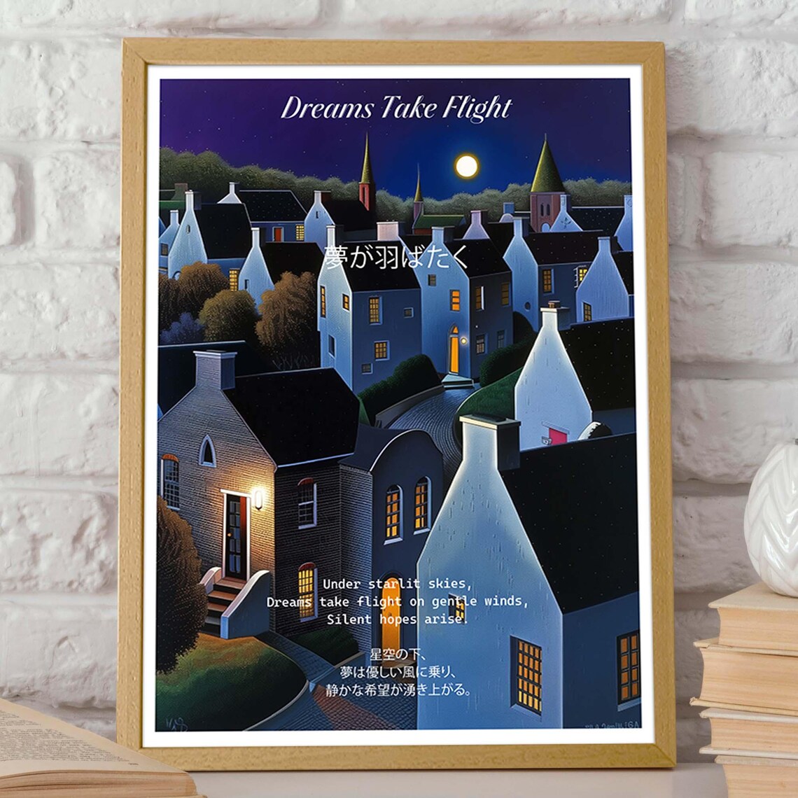 Dreams Take Flight Moonlit Village Japanese Night Landscape Poster - Image 2