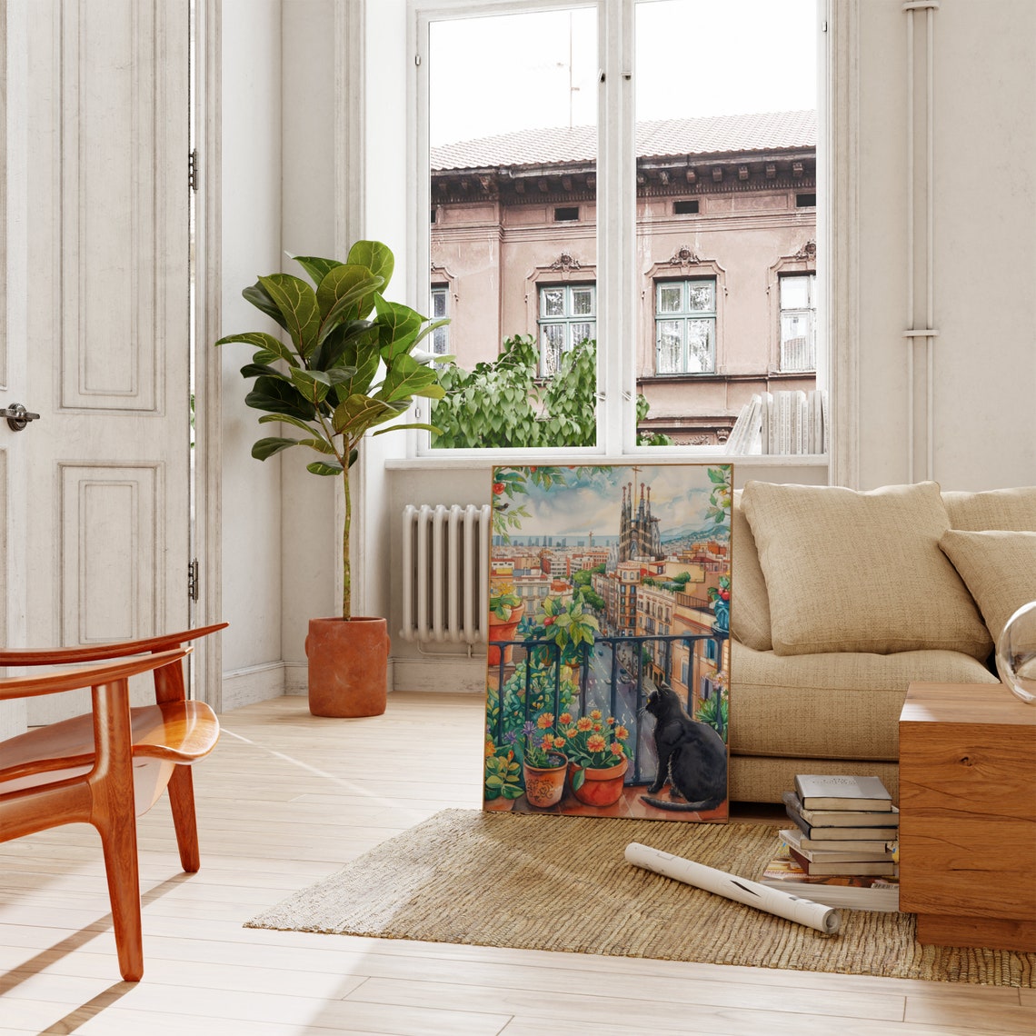Black Cat Painting Barcelona Painting Park Guell Art Print Barcelona Balcony Poster Barcelona Landscape Poster Europe Print Travel Gift P620 - Image 2