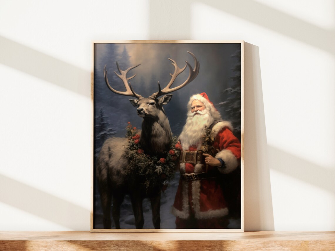 Santa Claus with Reindeer in Snowy Pine Forest Christmas Wall Poster - Image 2