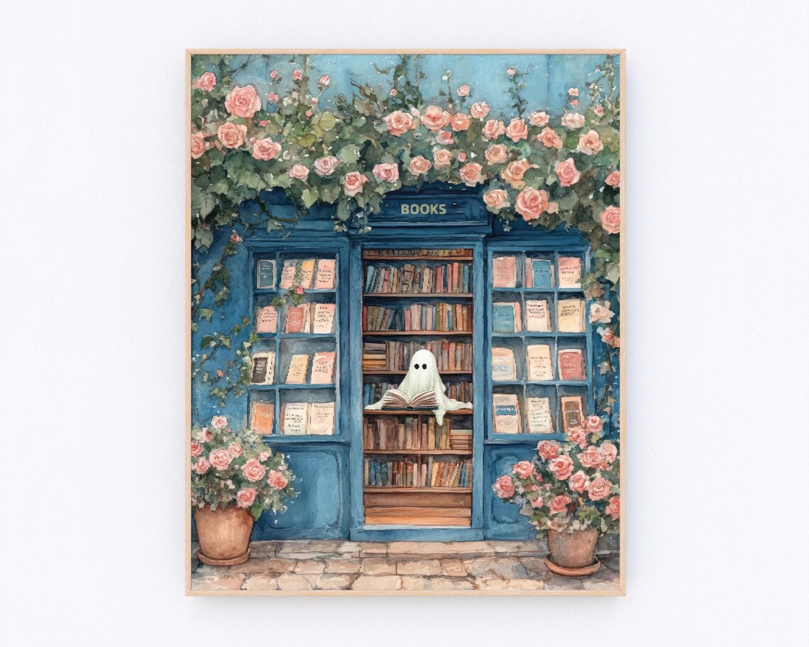 Cute Ghost at Bookstore Books Sign Halloween Watercolor Poster