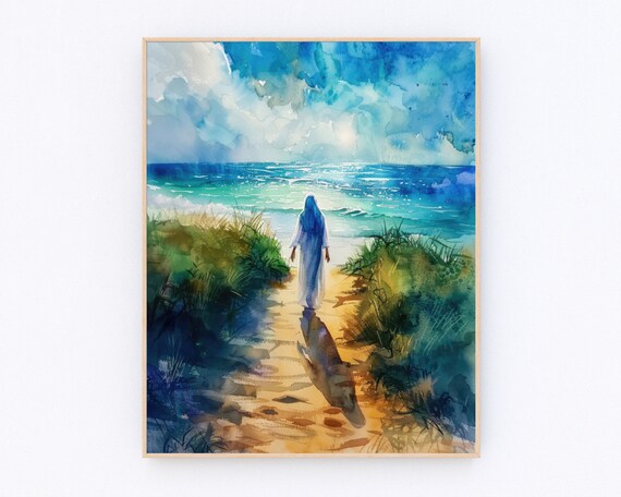 Virgin Mary Walking Toward the Ocean Watercolor Beach Scene Poster