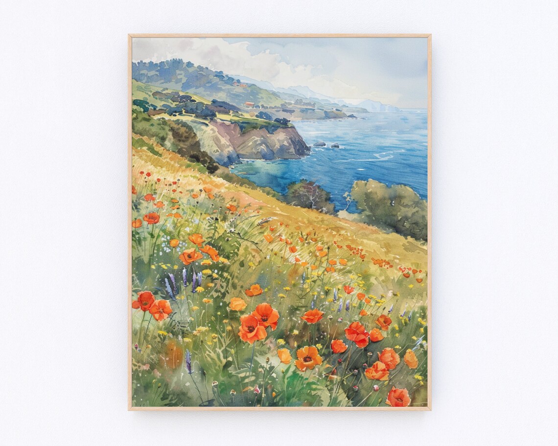 Big Sur California Poppy Watercolor Travel Poster
