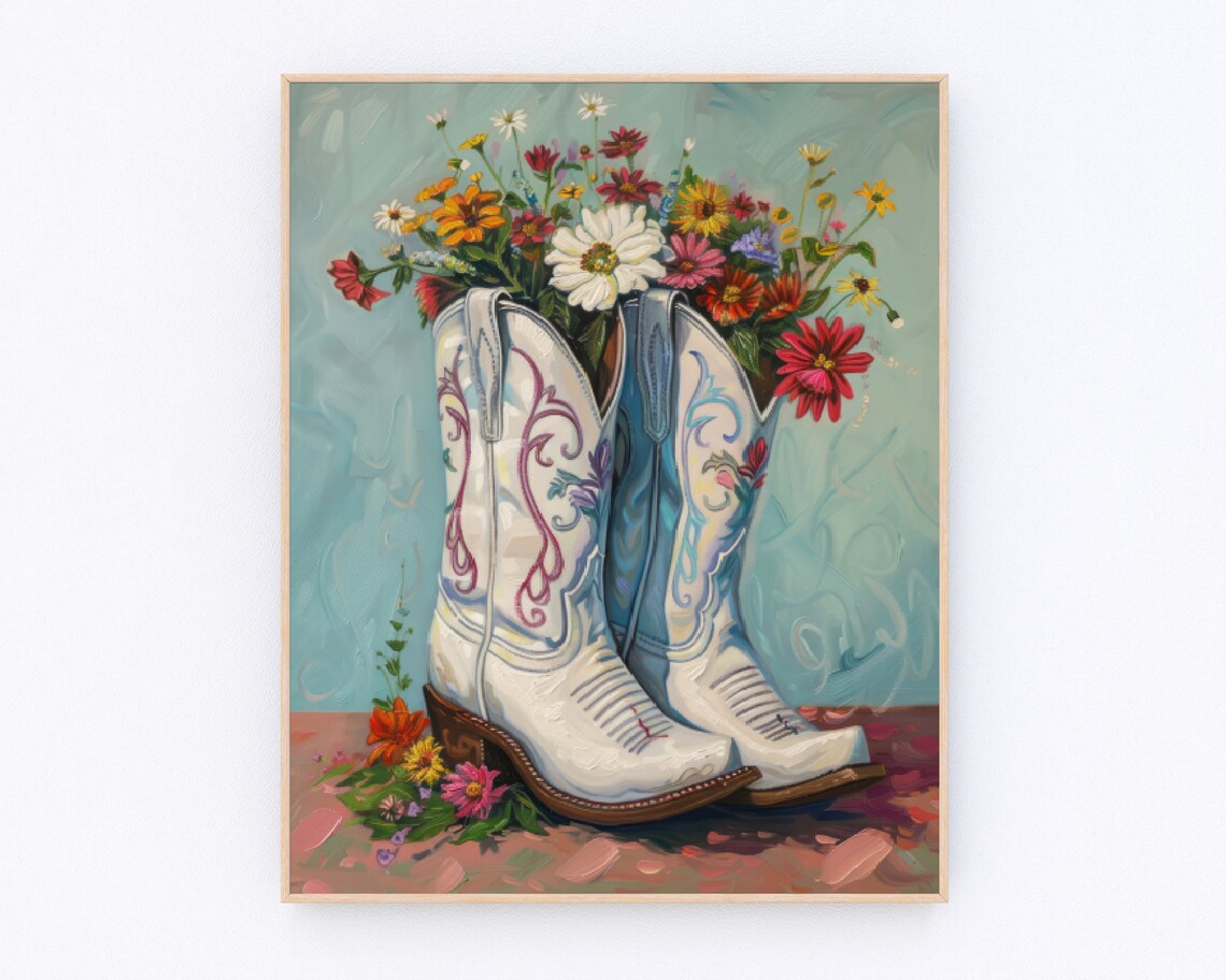 Cowgirl Boots Floral Western Poster, Pink Country Decor