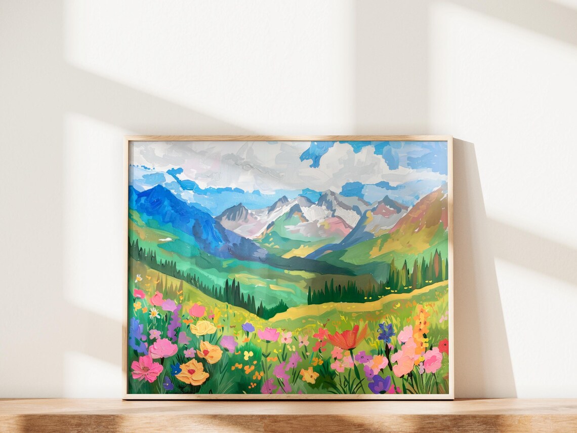 Colorful Mountain Wildflower Meadow Oil Painting Landscape Poster - Image 2