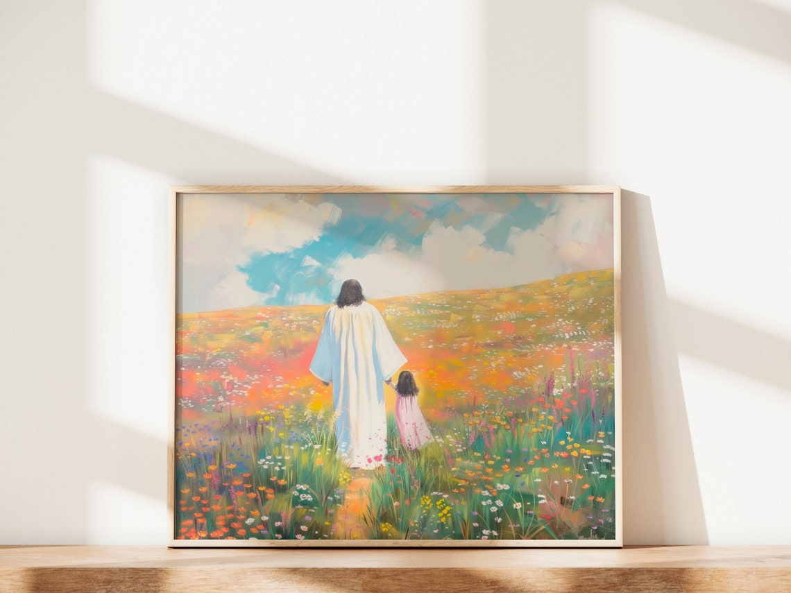 Jesus Holding Childs Hand Wildflower Field Christian Faith Art Poster - Image 2